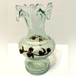 Vintage Crackle Glass Vase With Brass Floral Detail‎
